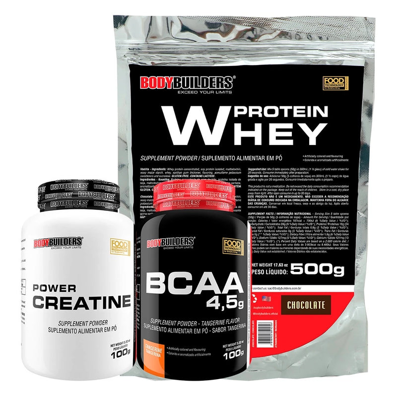 KIT WHEY PROTEIN CONCENTRADO EM BLEND PROTEICO 500G + BCAA 4,5 100G + POWER CREATINA 100G - BODYBUILDERS - ORIGINAL AUMENTO DE MASSA MUSCULAR