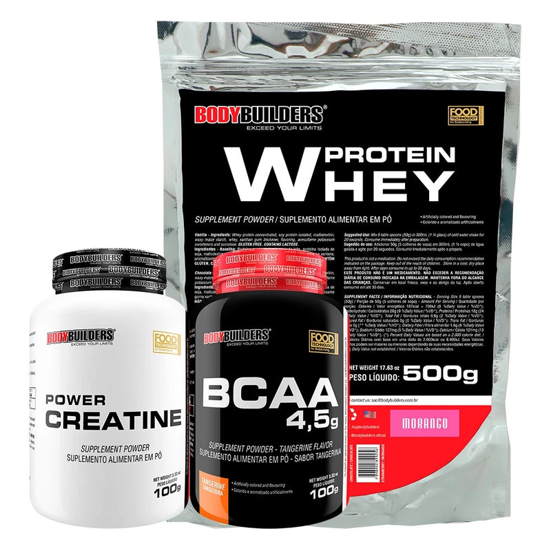 KIT WHEY PROTEIN CONCENTRADO EM BLEND PROTEICO 500G + BCAA 4,5 100G + POWER CREATINA 100G - BODYBUILDERS - ORIGINAL AUMENTO DE MASSA MUSCULAR