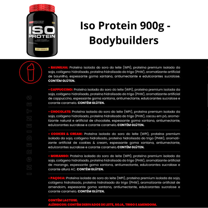 KIT 2X SUPLEMENTO DE PROTEÍNA ISOLADA ISO PROTEIN 900G + 2X BCAA 4.5 100G + 2X POWER CREATINA 100 + 2X COQUETELEIRA - AUMENTO DE MASSA MUSCULAR MAGRA - BODYBUILDERS ORIGINAL