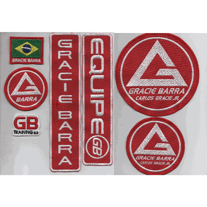 CONJUNTO DE PATCHES GRACIE BARRA JIU JITSU: A ESSENCIA DO SEU KIMONO EM 7 PEÇAS VIBRANTES NA COR VERMELHA PREMIUM!