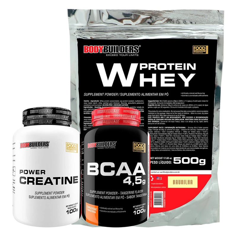 KIT WHEY PROTEIN CONCENTRADO EM BLEND PROTEICO 500G + BCAA 4,5 100G + POWER CREATINA 100G - BODYBUILDERS - ORIGINAL AUMENTO DE MASSA MUSCULAR