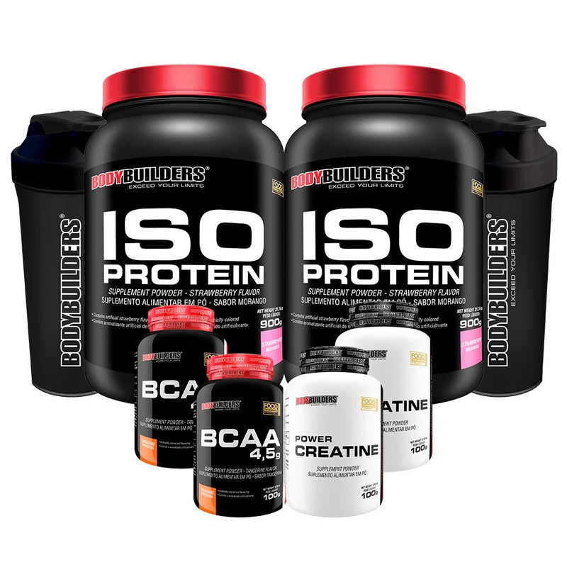 KIT 2X SUPLEMENTO DE PROTEÍNA ISOLADA ISO PROTEIN 900G + 2X BCAA 4.5 100G + 2X POWER CREATINA 100 + 2X COQUETELEIRA - AUMENTO DE MASSA MUSCULAR MAGRA - BODYBUILDERS ORIGINAL