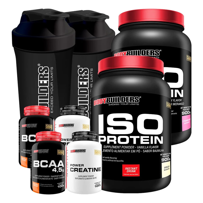 KIT 2X SUPLEMENTO DE PROTEÍNA ISOLADA ISO PROTEIN 900G + 2X BCAA 4.5 100G + 2X POWER CREATINA 100 + 2X COQUETELEIRA - AUMENTO DE MASSA MUSCULAR MAGRA - BODYBUILDERS ORIGINAL