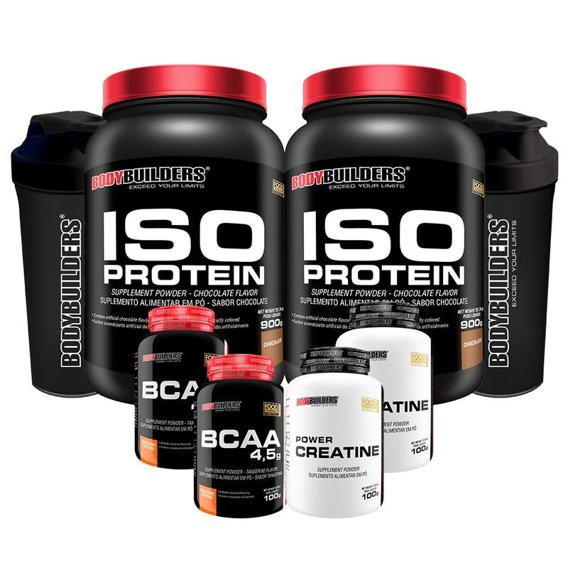 KIT 2X SUPLEMENTO DE PROTEÍNA ISOLADA ISO PROTEIN 900G + 2X BCAA 4.5 100G + 2X POWER CREATINA 100 + 2X COQUETELEIRA - AUMENTO DE MASSA MUSCULAR MAGRA - BODYBUILDERS ORIGINAL