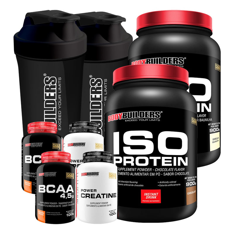 KIT 2X SUPLEMENTO DE PROTEÍNA ISOLADA ISO PROTEIN 900G + 2X BCAA 4.5 100G + 2X POWER CREATINA 100 + 2X COQUETELEIRA - AUMENTO DE MASSA MUSCULAR MAGRA - BODYBUILDERS ORIGINAL